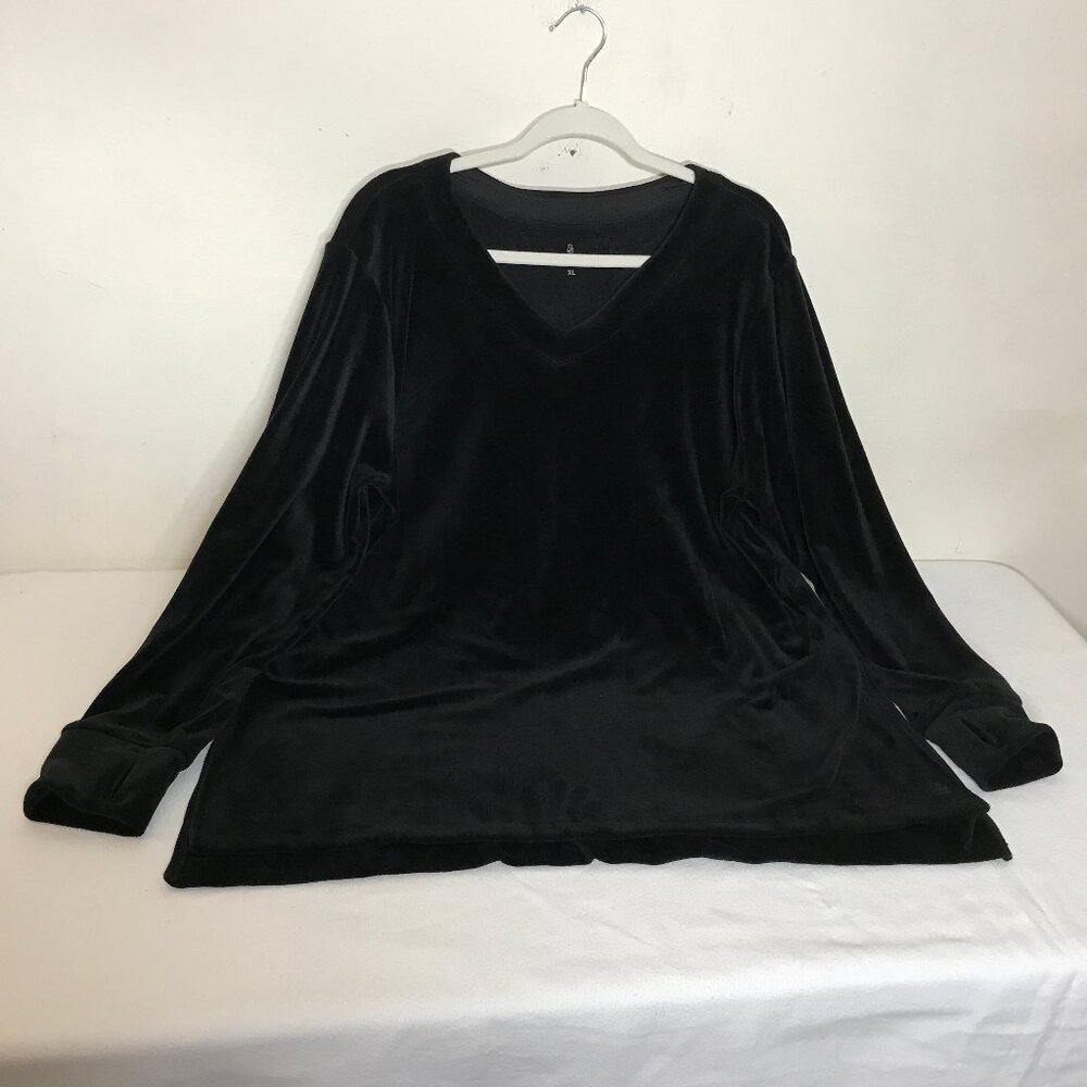 Cuddl Duds Size XL Black Velvet Tunic Popover Top With Side Slits & Thumbholes - Picture 3 of 10